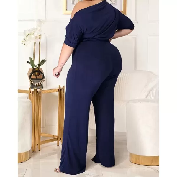 IyMoo Womens Plus Size Wide Leg Slanted One Shoulder Belted Straight Jumpsuits PlaysuitsDark Blue