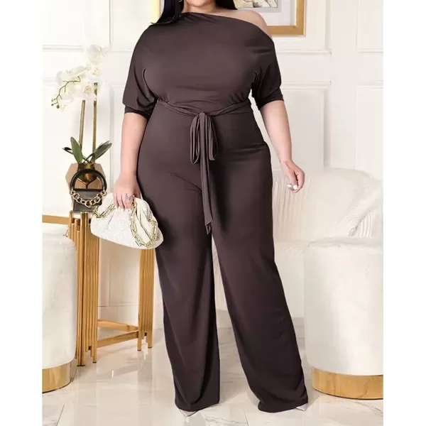 IyMoo Womens Plus Size Wide Leg Slanted One Shoulder Belted Straight Jumpsuits PlaysuitsDark Coffee