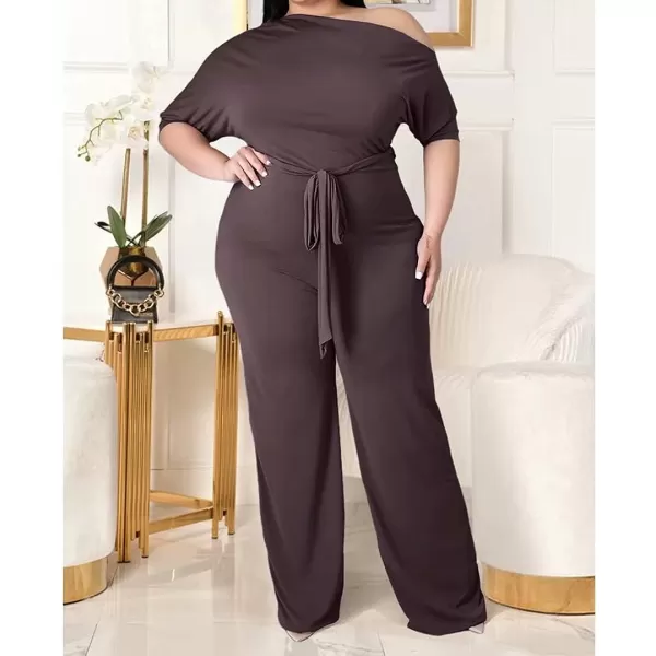 IyMoo Womens Plus Size Wide Leg Slanted One Shoulder Belted Straight Jumpsuits PlaysuitsDark Coffee