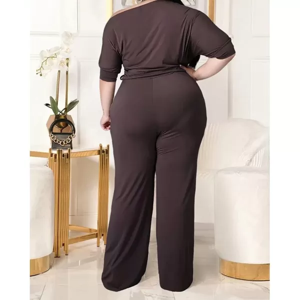 IyMoo Womens Plus Size Wide Leg Slanted One Shoulder Belted Straight Jumpsuits PlaysuitsDark Coffee