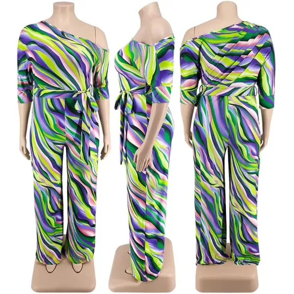 IyMoo Womens Plus Size Wide Leg Slanted One Shoulder Belted Straight Jumpsuits PlaysuitsGreen Multi Stripe