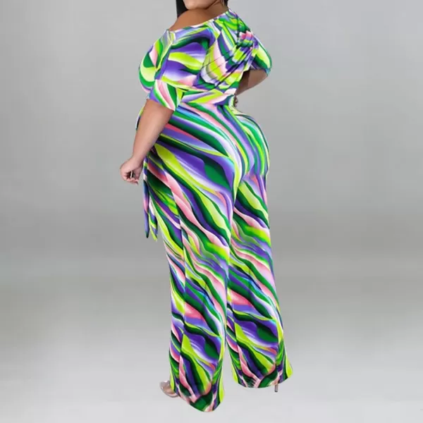 IyMoo Womens Plus Size Wide Leg Slanted One Shoulder Belted Straight Jumpsuits PlaysuitsGreen Multi Stripe