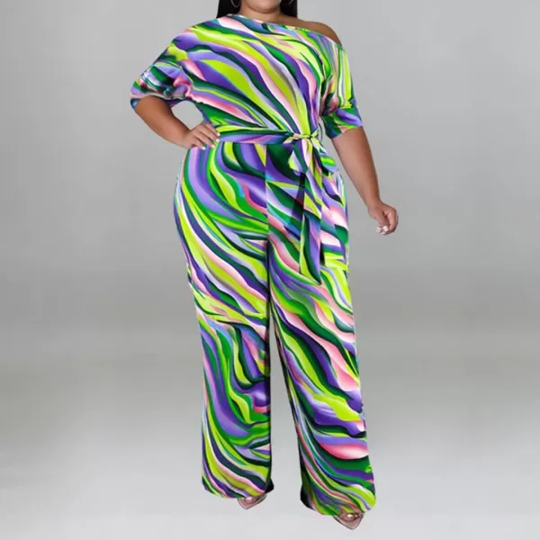IyMoo Womens Plus Size Wide Leg Slanted One Shoulder Belted Straight Jumpsuits PlaysuitsGreen Multi Stripe