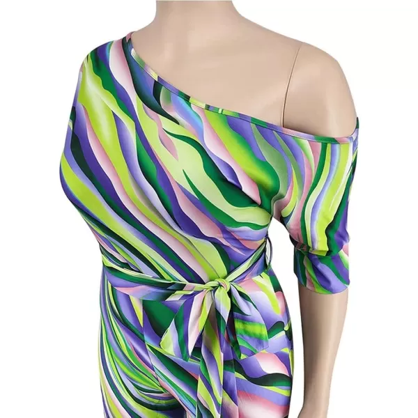 IyMoo Womens Plus Size Wide Leg Slanted One Shoulder Belted Straight Jumpsuits PlaysuitsGreen Multi Stripe