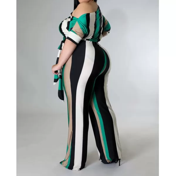 IyMoo Womens Plus Size Wide Leg Slanted One Shoulder Belted Straight Jumpsuits PlaysuitsGreen Stripe