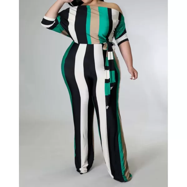 IyMoo Womens Plus Size Wide Leg Slanted One Shoulder Belted Straight Jumpsuits PlaysuitsGreen Stripe