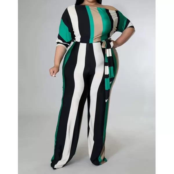 IyMoo Womens Plus Size Wide Leg Slanted One Shoulder Belted Straight Jumpsuits PlaysuitsGreen Stripe