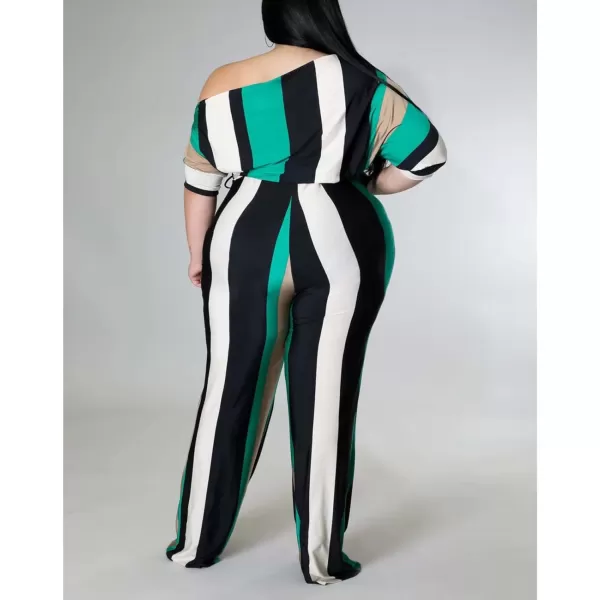 IyMoo Womens Plus Size Wide Leg Slanted One Shoulder Belted Straight Jumpsuits PlaysuitsGreen Stripe