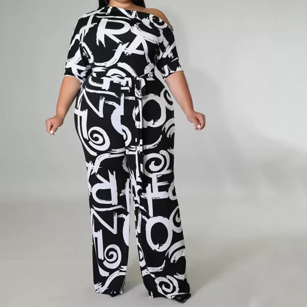 IyMoo Womens Plus Size Wide Leg Slanted One Shoulder Belted Straight Jumpsuits PlaysuitsLetter Black