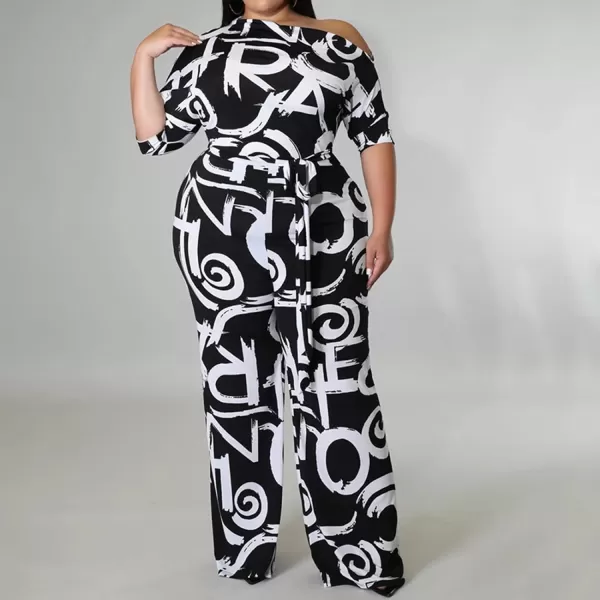 IyMoo Womens Plus Size Wide Leg Slanted One Shoulder Belted Straight Jumpsuits PlaysuitsLetter Black
