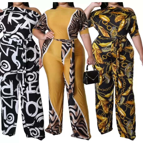 IyMoo Womens Plus Size Wide Leg Slanted One Shoulder Belted Straight Jumpsuits PlaysuitsLetter Black