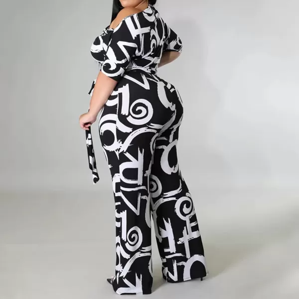 IyMoo Womens Plus Size Wide Leg Slanted One Shoulder Belted Straight Jumpsuits PlaysuitsLetter Black