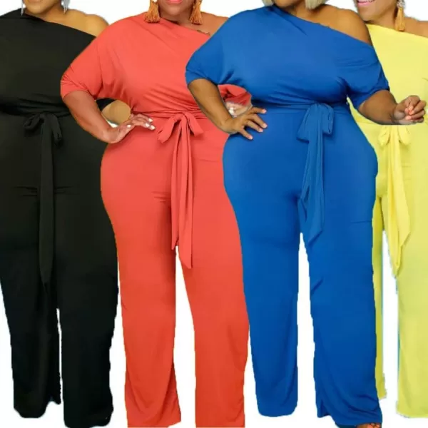 IyMoo Womens Plus Size Wide Leg Slanted One Shoulder Belted Straight Jumpsuits PlaysuitsOrange