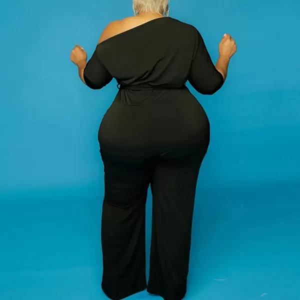 IyMoo Womens Plus Size Wide Leg Slanted One Shoulder Belted Straight Jumpsuits PlaysuitsOrange