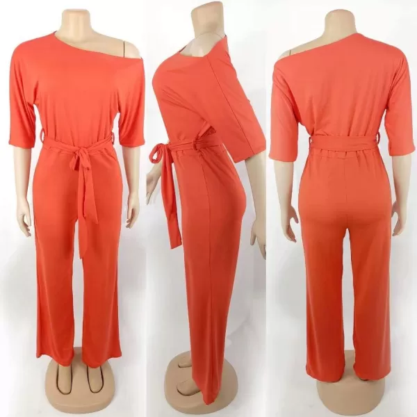 IyMoo Womens Plus Size Wide Leg Slanted One Shoulder Belted Straight Jumpsuits PlaysuitsOrange