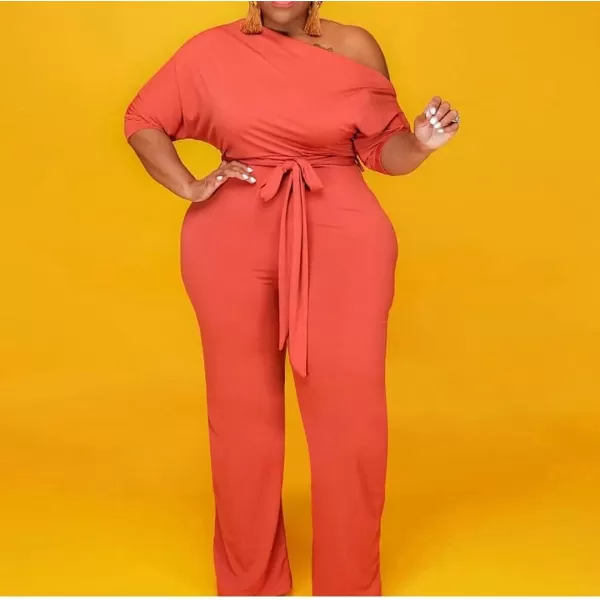IyMoo Womens Plus Size Wide Leg Slanted One Shoulder Belted Straight Jumpsuits PlaysuitsOrange