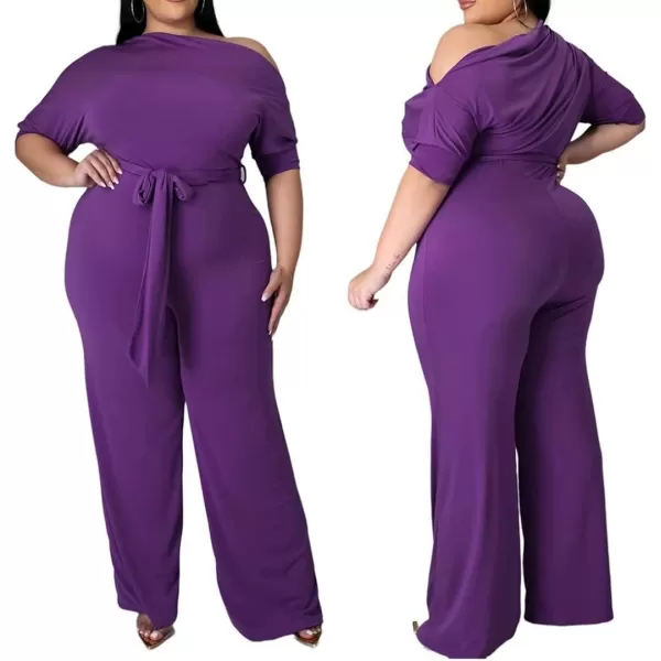 IyMoo Womens Plus Size Wide Leg Slanted One Shoulder Belted Straight Jumpsuits PlaysuitsPurple