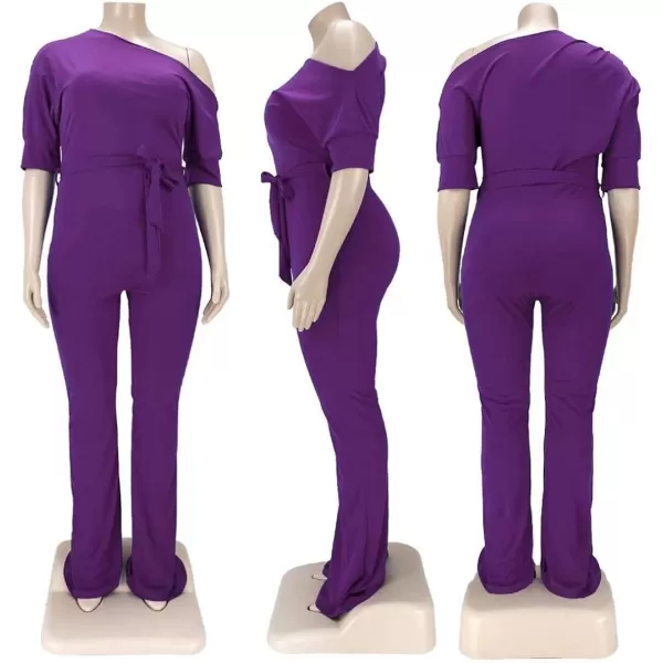 IyMoo Womens Plus Size Wide Leg Slanted One Shoulder Belted Straight Jumpsuits PlaysuitsPurple
