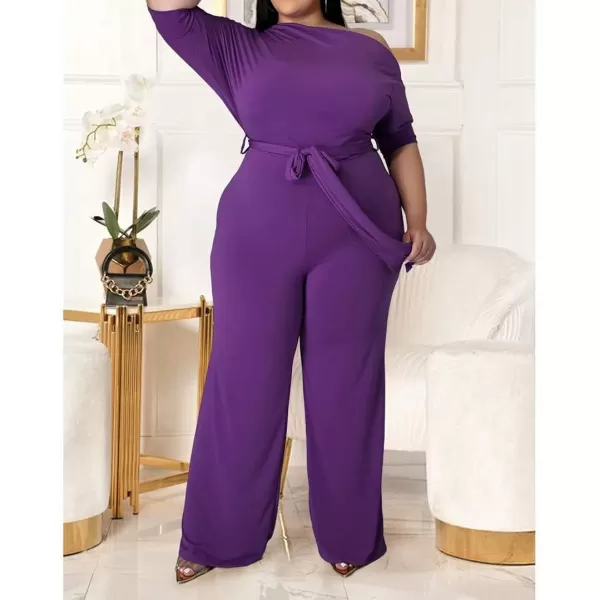 IyMoo Womens Plus Size Wide Leg Slanted One Shoulder Belted Straight Jumpsuits PlaysuitsPurple