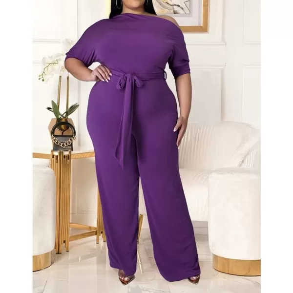 IyMoo Womens Plus Size Wide Leg Slanted One Shoulder Belted Straight Jumpsuits PlaysuitsPurple
