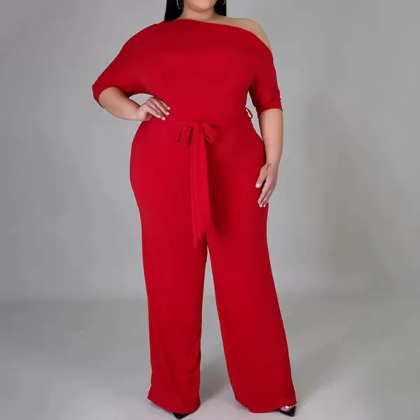 IyMoo Womens Plus Size Wide Leg Slanted One Shoulder Belted Straight Jumpsuits PlaysuitsRed