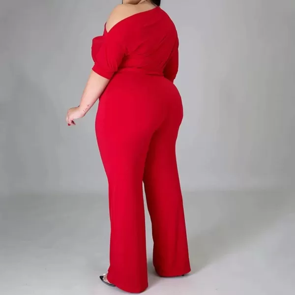 IyMoo Womens Plus Size Wide Leg Slanted One Shoulder Belted Straight Jumpsuits PlaysuitsRed