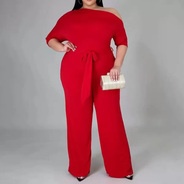IyMoo Womens Plus Size Wide Leg Slanted One Shoulder Belted Straight Jumpsuits PlaysuitsRed