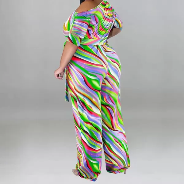 IyMoo Womens Plus Size Wide Leg Slanted One Shoulder Belted Straight Jumpsuits PlaysuitsRed Stripe