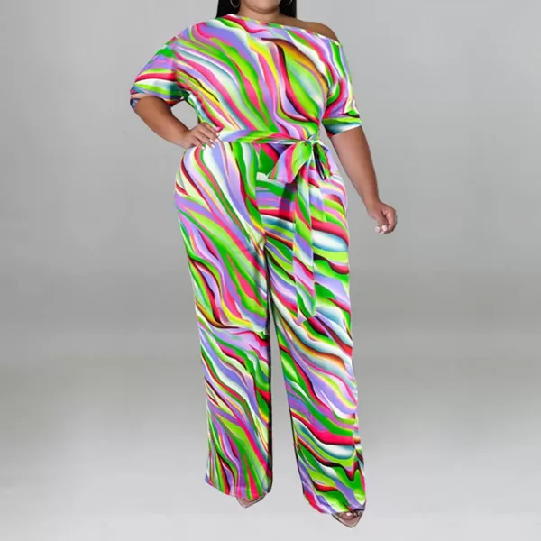 IyMoo Womens Plus Size Wide Leg Slanted One Shoulder Belted Straight Jumpsuits PlaysuitsRed Stripe