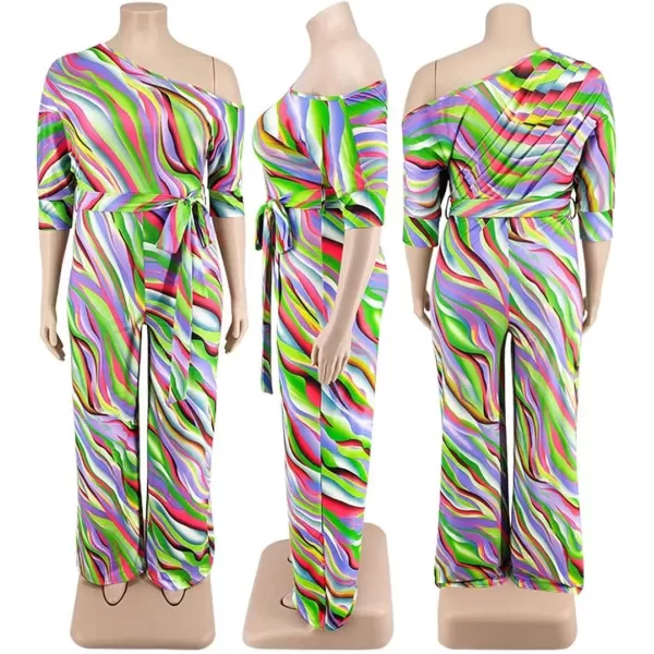 IyMoo Womens Plus Size Wide Leg Slanted One Shoulder Belted Straight Jumpsuits PlaysuitsRed Stripe