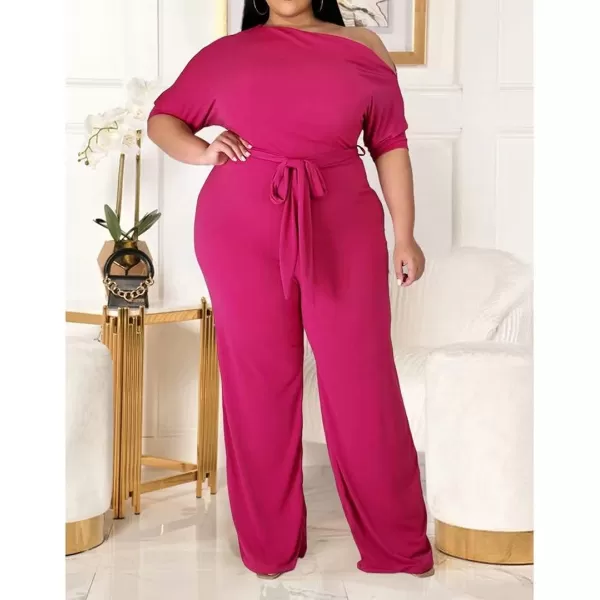 IyMoo Womens Plus Size Wide Leg Slanted One Shoulder Belted Straight Jumpsuits PlaysuitsRose Red