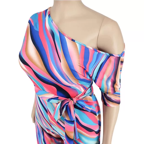 IyMoo Womens Plus Size Wide Leg Slanted One Shoulder Belted Straight Jumpsuits PlaysuitsRose Red Stripe