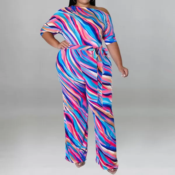 IyMoo Womens Plus Size Wide Leg Slanted One Shoulder Belted Straight Jumpsuits PlaysuitsRose Red Stripe