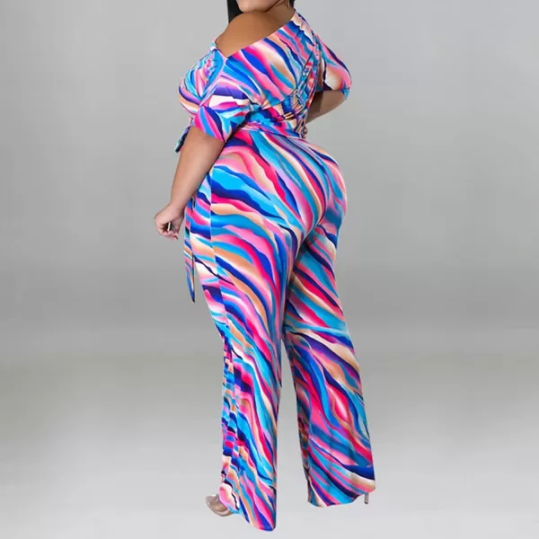 IyMoo Womens Plus Size Wide Leg Slanted One Shoulder Belted Straight Jumpsuits PlaysuitsRose Red Stripe