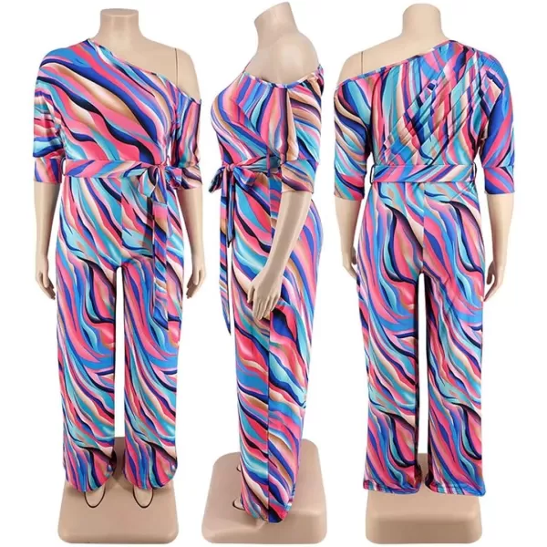 IyMoo Womens Plus Size Wide Leg Slanted One Shoulder Belted Straight Jumpsuits PlaysuitsRose Red Stripe