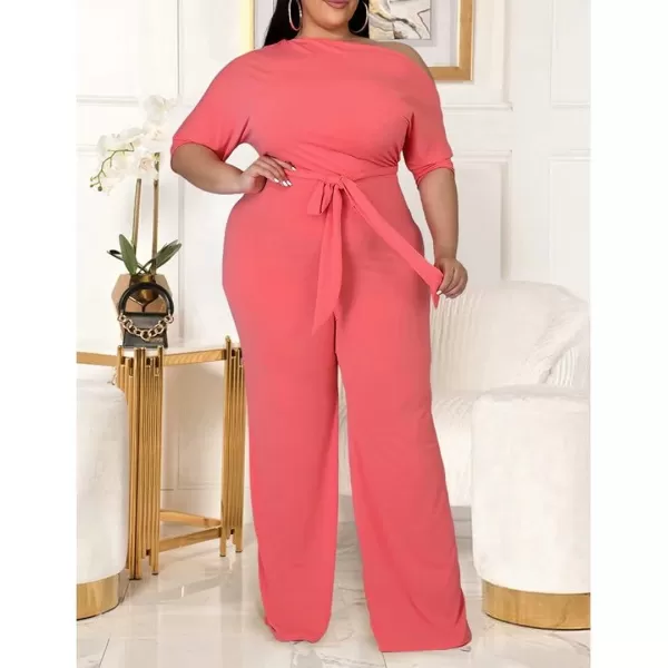 IyMoo Womens Plus Size Wide Leg Slanted One Shoulder Belted Straight Jumpsuits PlaysuitsWatermelon Red