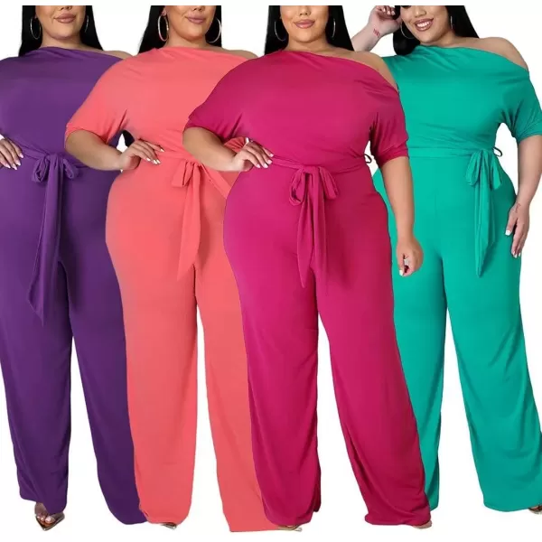 IyMoo Womens Plus Size Wide Leg Slanted One Shoulder Belted Straight Jumpsuits PlaysuitsWatermelon Red