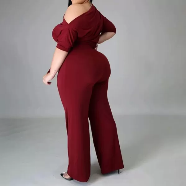 IyMoo Womens Plus Size Wide Leg Slanted One Shoulder Belted Straight Jumpsuits PlaysuitsWine Red