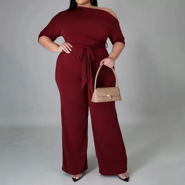 IyMoo Womens Plus Size Wide Leg Slanted One Shoulder Belted Straight Jumpsuits PlaysuitsWine Red