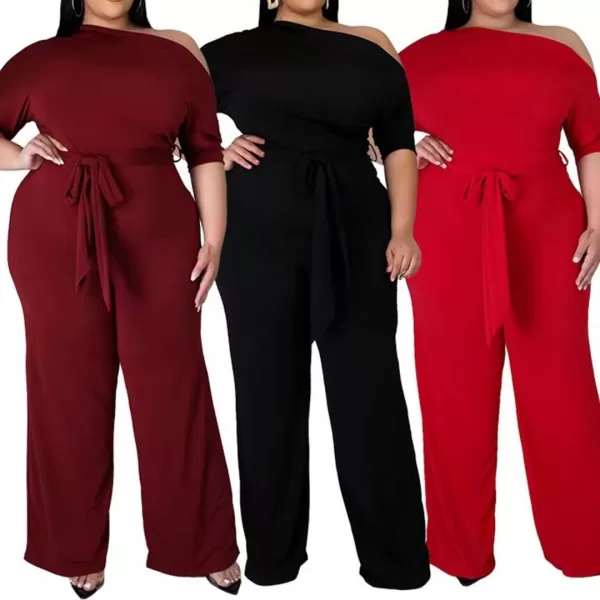 IyMoo Womens Plus Size Wide Leg Slanted One Shoulder Belted Straight Jumpsuits PlaysuitsWine Red