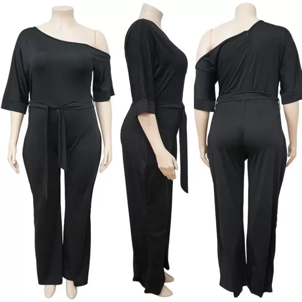 IyMoo Womens Plus Size Wide Leg Slanted One Shoulder Belted Straight Jumpsuits PlaysuitsWine Red