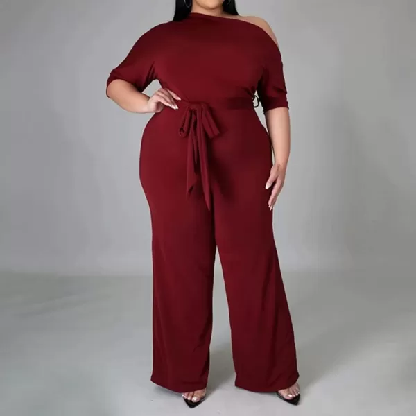 IyMoo Womens Plus Size Wide Leg Slanted One Shoulder Belted Straight Jumpsuits PlaysuitsWine Red