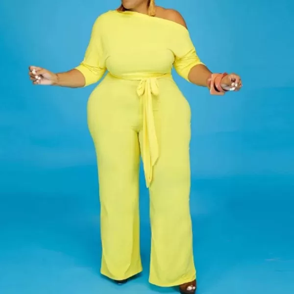 IyMoo Womens Plus Size Wide Leg Slanted One Shoulder Belted Straight Jumpsuits PlaysuitsYellow