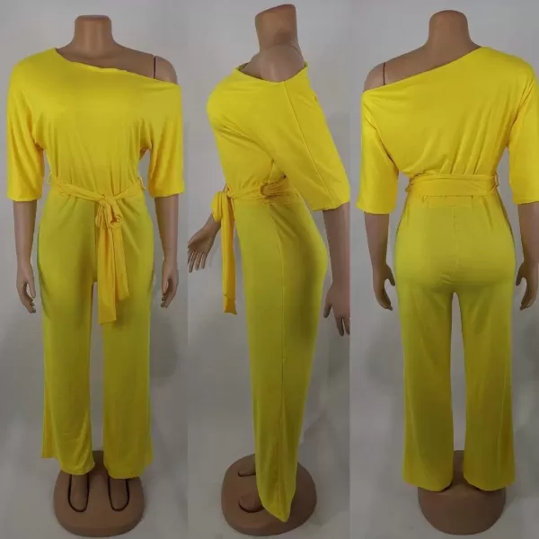 IyMoo Womens Plus Size Wide Leg Slanted One Shoulder Belted Straight Jumpsuits PlaysuitsYellow
