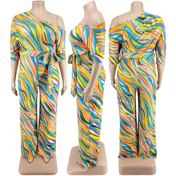 IyMoo Womens Plus Size Wide Leg Slanted One Shoulder Belted Straight Jumpsuits PlaysuitsYellow Stripe
