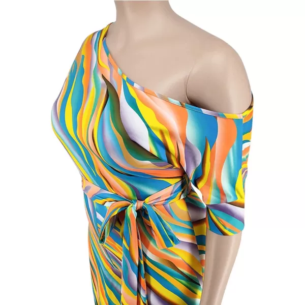 IyMoo Womens Plus Size Wide Leg Slanted One Shoulder Belted Straight Jumpsuits PlaysuitsYellow Stripe