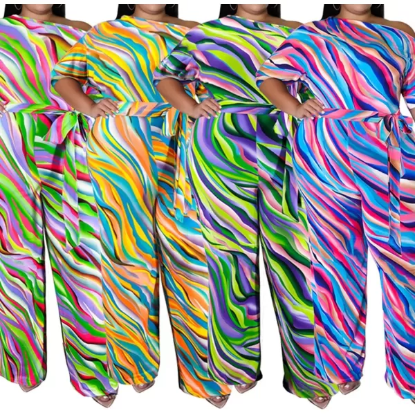 IyMoo Womens Plus Size Wide Leg Slanted One Shoulder Belted Straight Jumpsuits PlaysuitsYellow Stripe