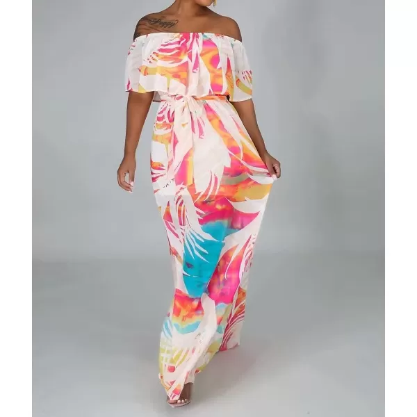 IyMoo Womens Sexy Chiffon Sundress Off Shoulder Ombre Tie Dye Pleated Skirts Long Boho Beach Maxi Dress448 Multicolored