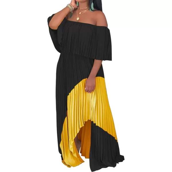 IyMoo Womens Sexy Chiffon Sundress Off Shoulder Ombre Tie Dye Pleated Skirts Long Boho Beach Maxi DressBlack