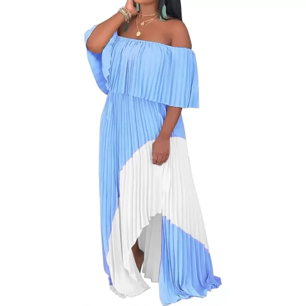 IyMoo Womens Sexy Chiffon Sundress Off Shoulder Ombre Tie Dye Pleated Skirts Long Boho Beach Maxi DressBlue